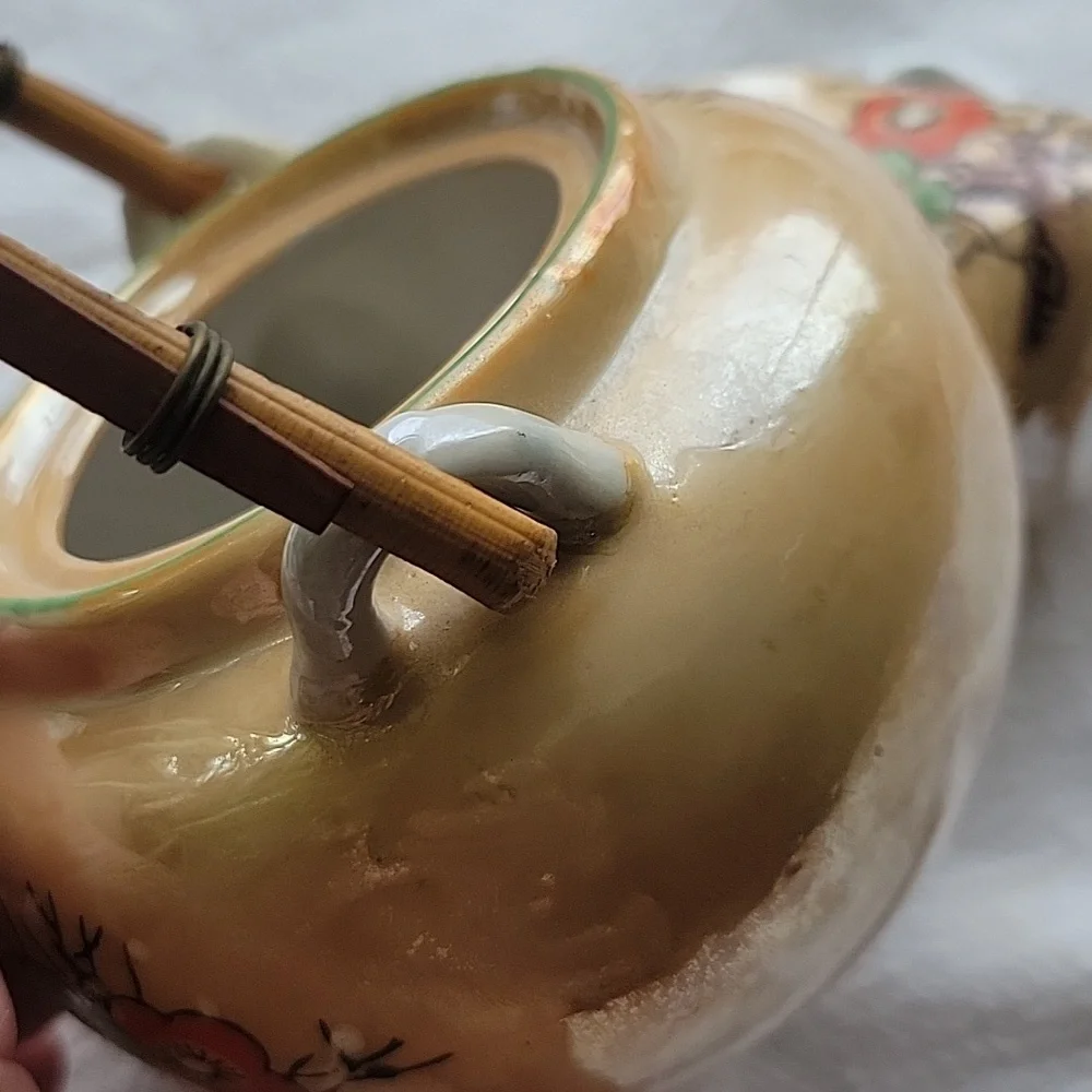Vintage Japanese Hand Painted Floral Teapot And Pitcher.  Bamboo Handle. - Picture 4 of 10
